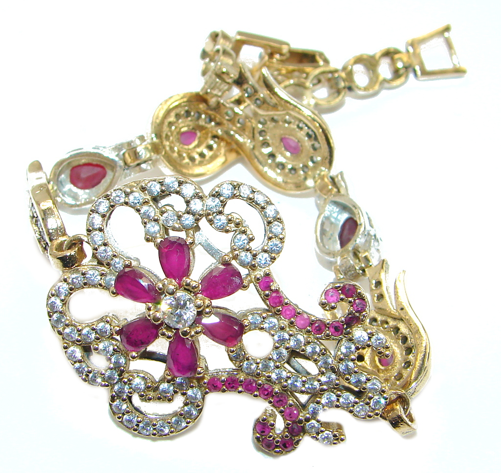 Victorian Style Pink Ruby & White Topaz .925 Sterling Silver Bracelet