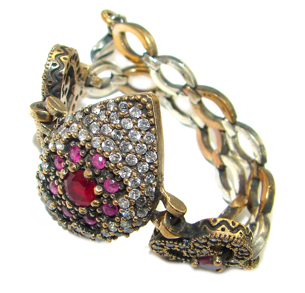 Victorian Style Pink Ruby & White Topaz .925 Sterling Silver Bracelet