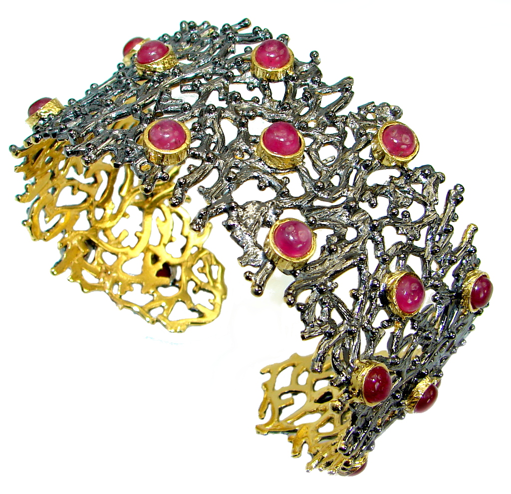 Huge Luxury Genuine Ruby Gold over. 925 Sterling Silver handmade Cuff/Bracelet