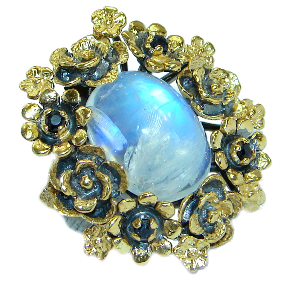 Fire Moonstone Gold over oxidized .925 Sterling Silver handcrafted ring size 7 adjustable