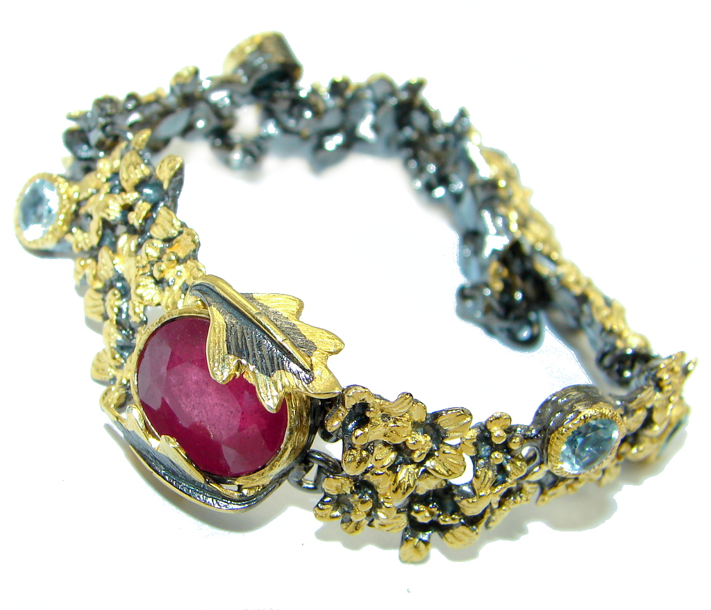 Floral Design genuine Ruby Rose Gold over .925 Sterling Silver handcrafted Bracelet