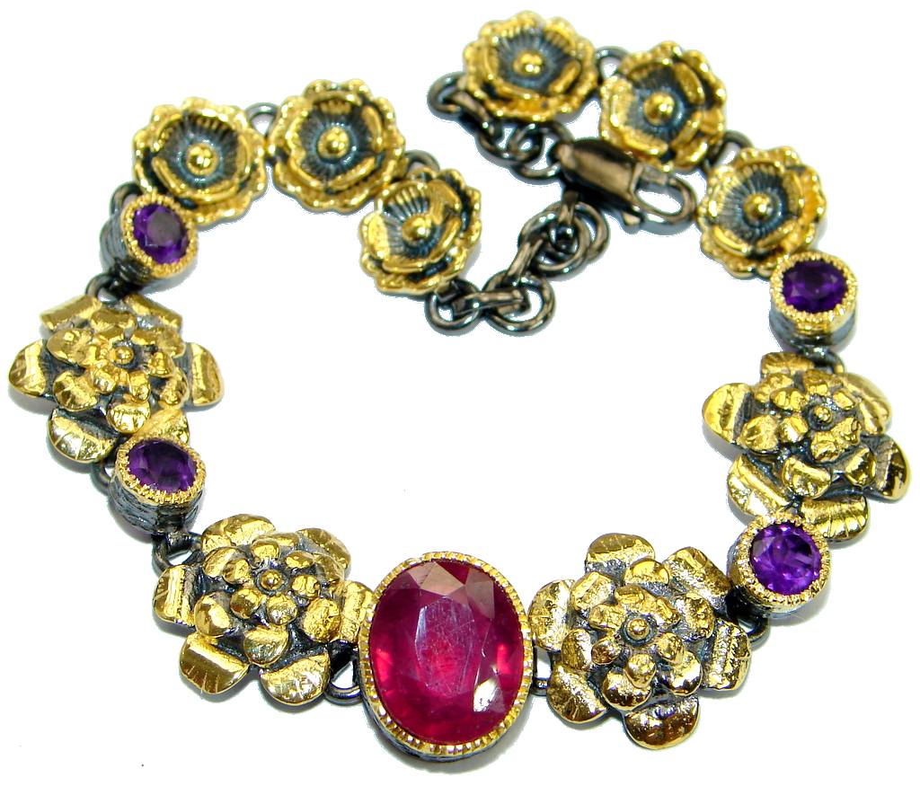 Floral Design genuine Ruby Gold over .925 Sterling Silver handcrafted Bracelet