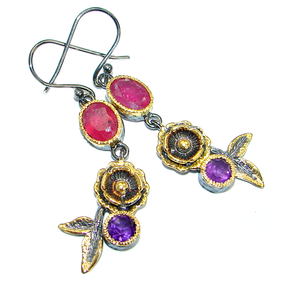 Unique genuine Ruby Gold Rhodium over .925 Sterling Silver handmade earrings