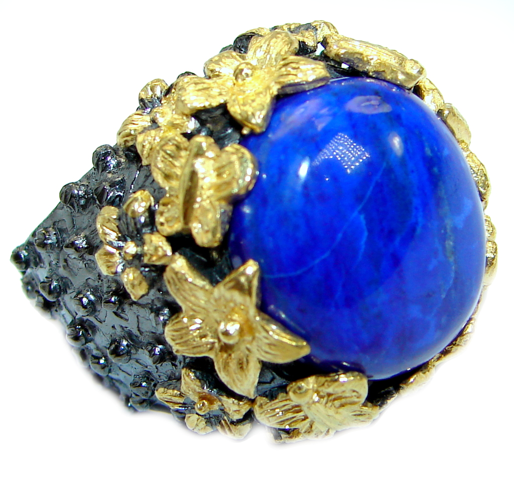 Genuine Lapis Lazuli Two tones .925 Sterling Silver handmade Ring size 6 1/4