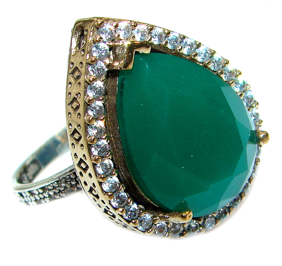 Victorian Style created Emerald & White Topaz Copper over Sterling Silver ring; s. 8 1/4