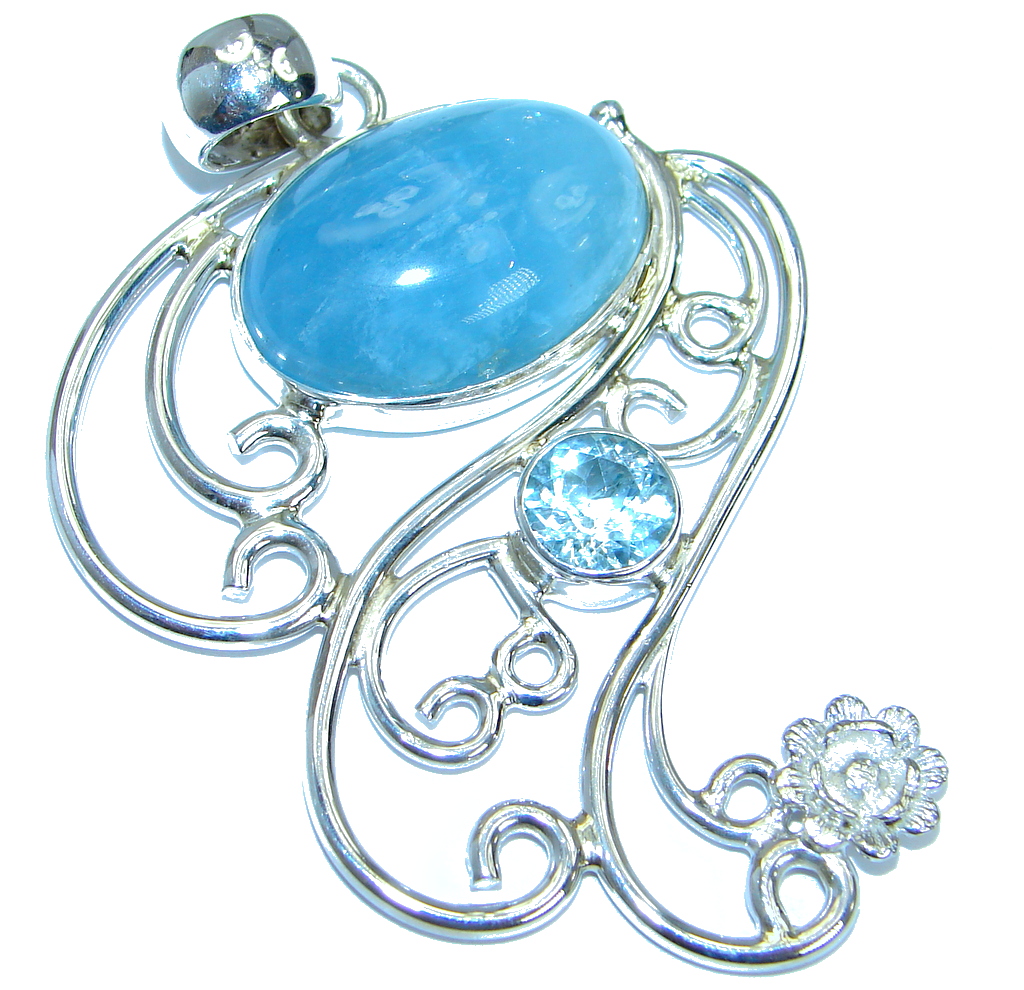 Large Genuine Aquamarine Swiss Blue Topaz .925 Sterling Silver handmade Pendant