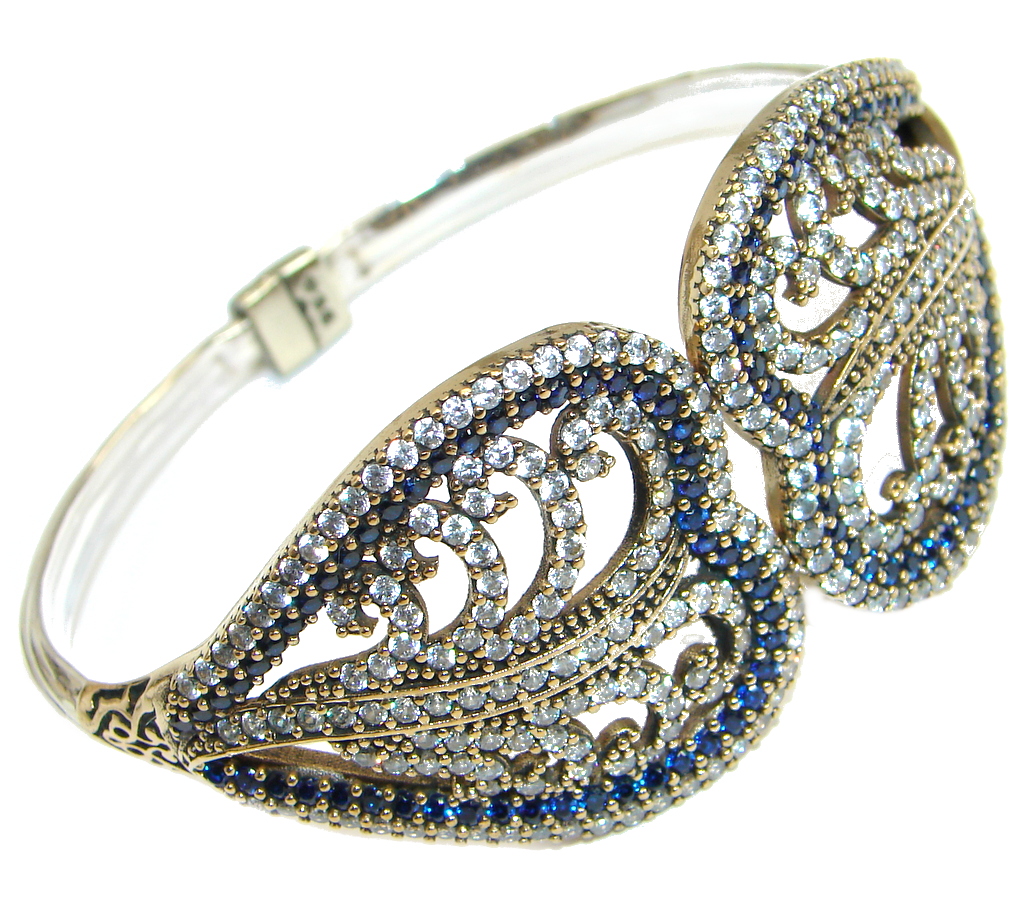 Victorian Style Created Sapphire & White Topaz copper covered Sterling Silver Bracelet / Cuff
