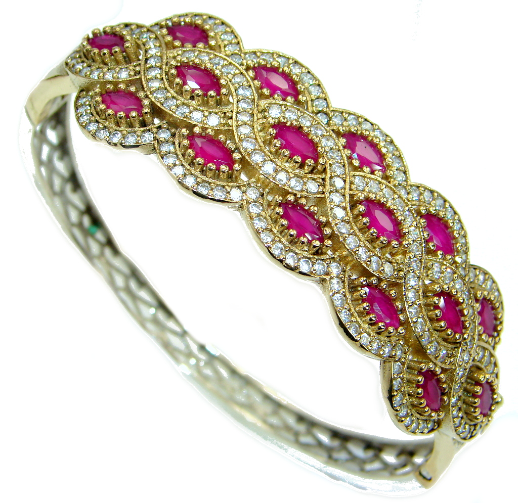 Victorian Style created Ruby & White Topaz Sterling Silver Bracelet / Cuff