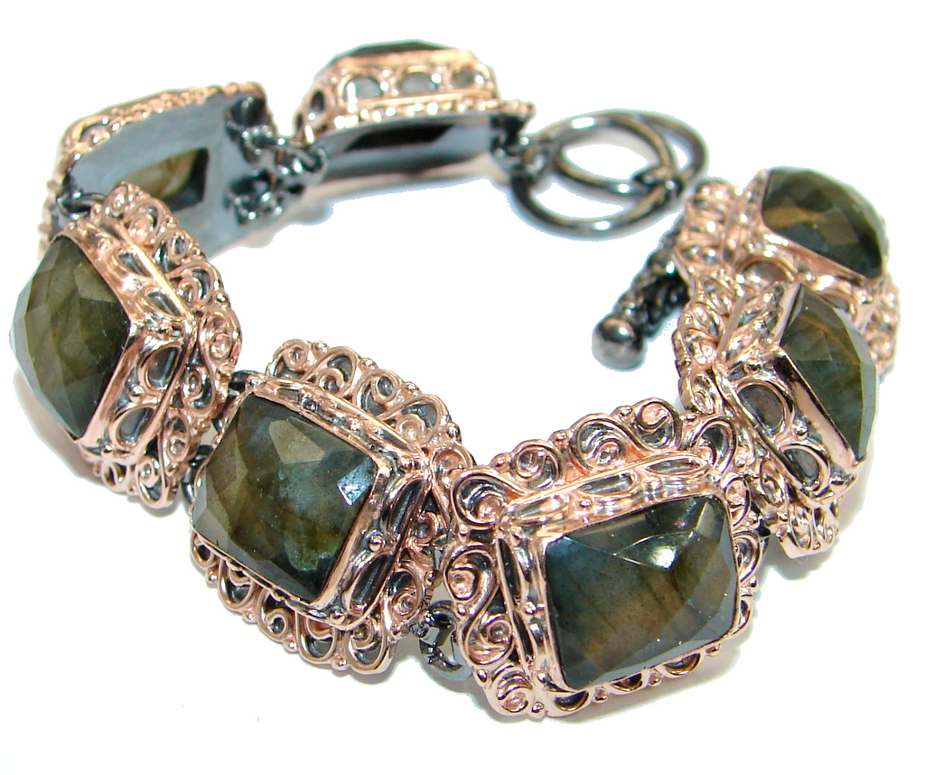 Cascade of light GENUINE Labradorite Rose Gold over .925 Sterling Silver handmade Bracelet