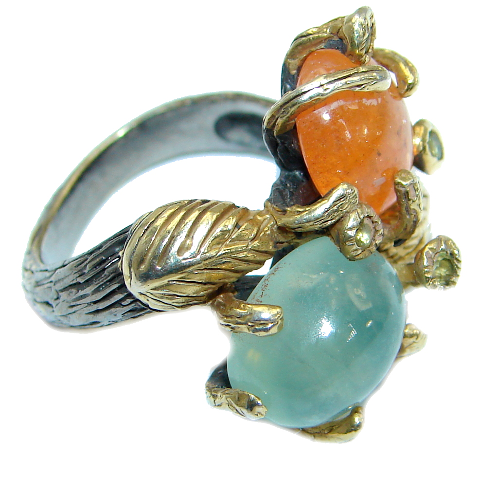 Genuine Hessonite Garnet Prehnite Gold over .925 Sterling Silver handmade Ring size 7 1/4