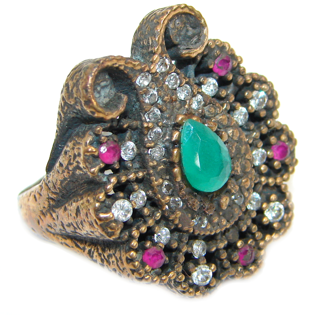 Victorian Style created Emerald & White Topaz Copper over Sterling Silver ring; s. 6 1/4