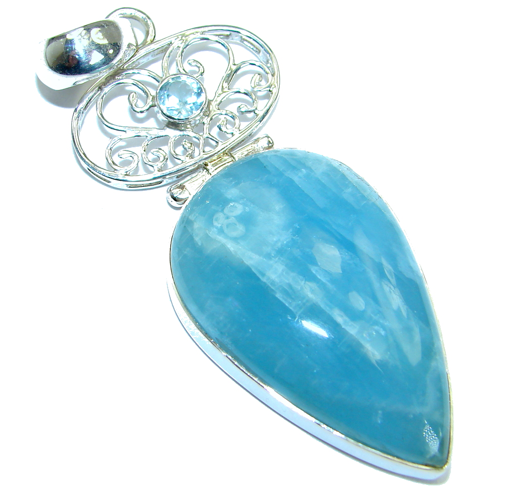 Large Genuine Aquamarine Swiss Blue Topaz .925 Sterling Silver handmade Pendant