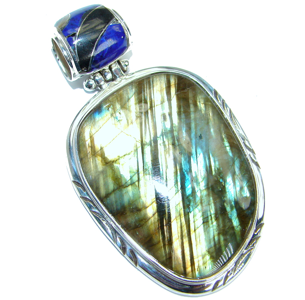 Bold Highest quality genuine Fire Labradorite .925 Sterling Silver handmade Pendant