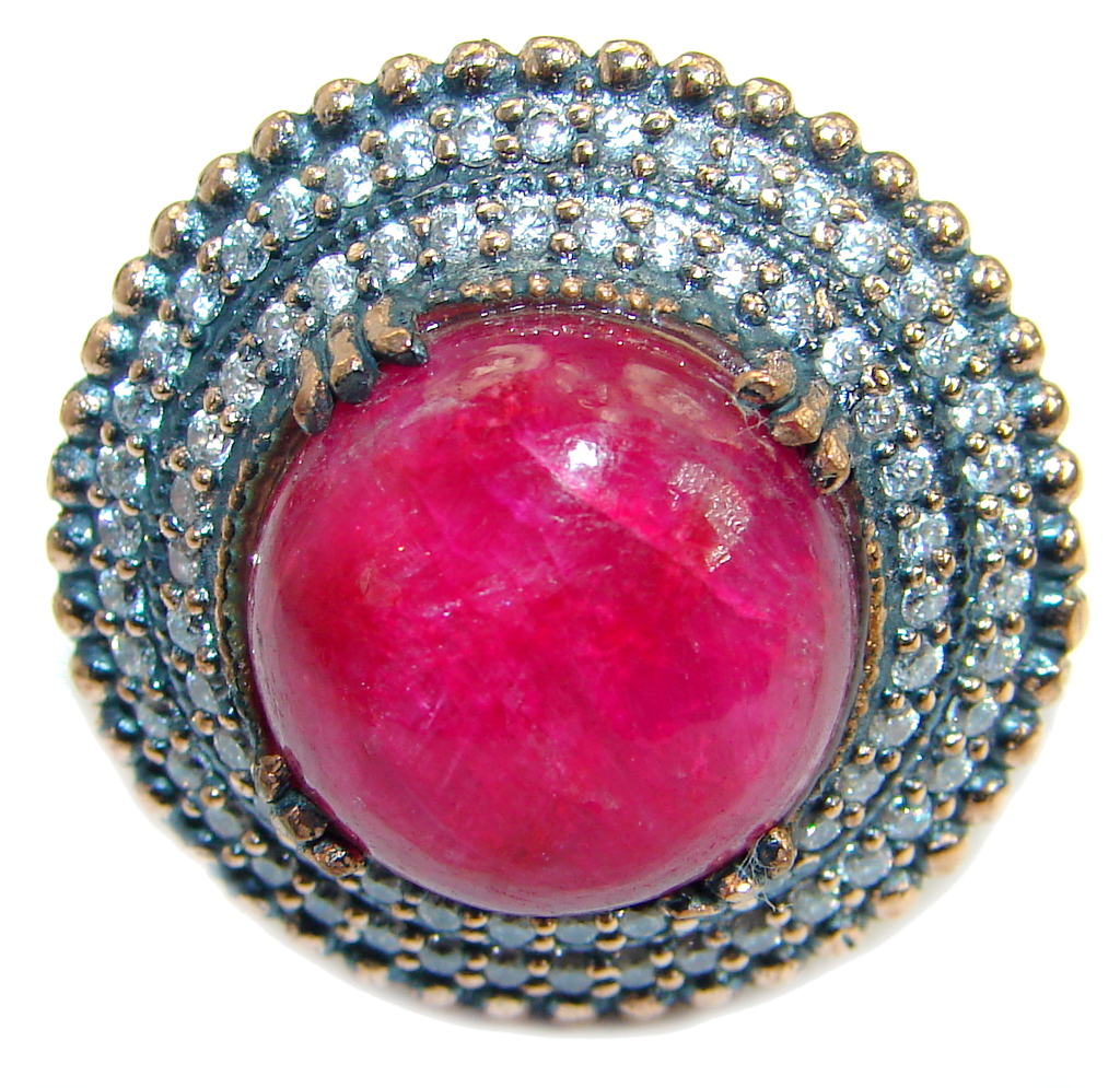 Large Victorian Style created Ruby & White Topaz Sterling Silver ring; s. 9