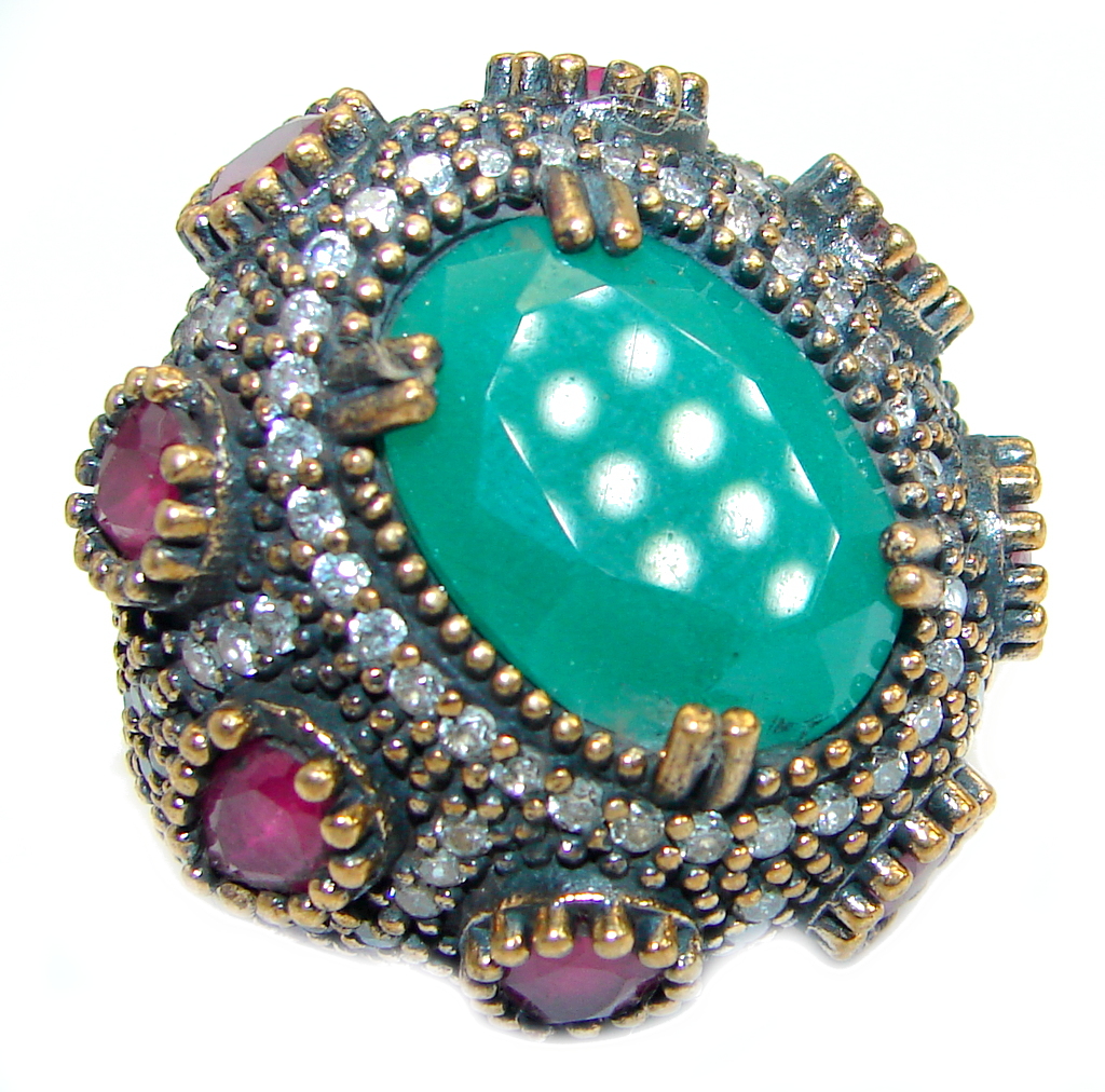 Victorian Style created Emerald & White Topaz Sterling Silver Ring s. 6 1/4