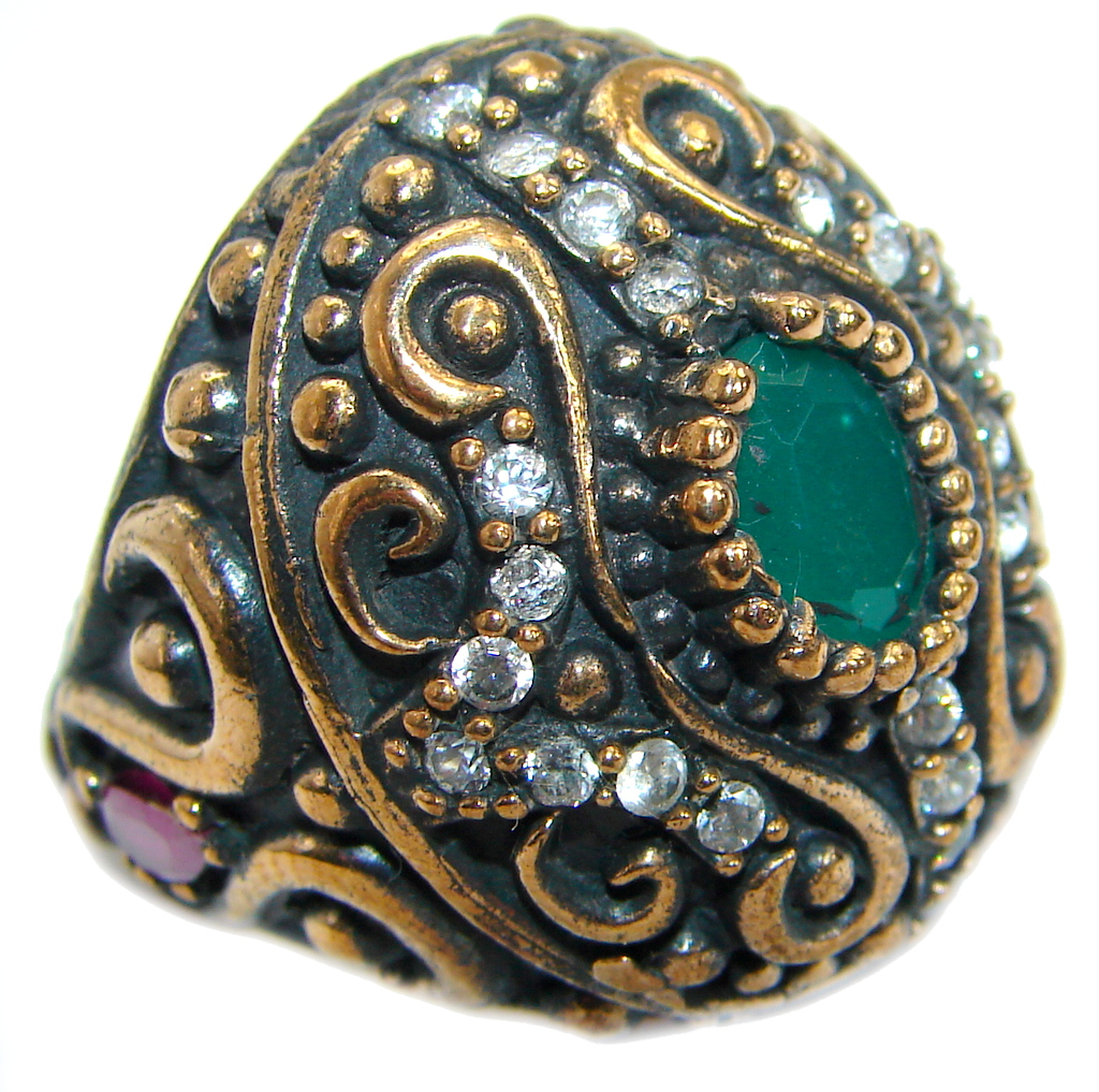 Victorian Style created Emerald & White Topaz Copper over Sterling Silver ring; s. 6 3/4