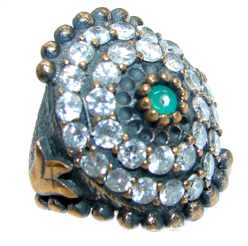 Victorian Style created Emerald & White Topaz Sterling Silver Ring s. 6 3/4