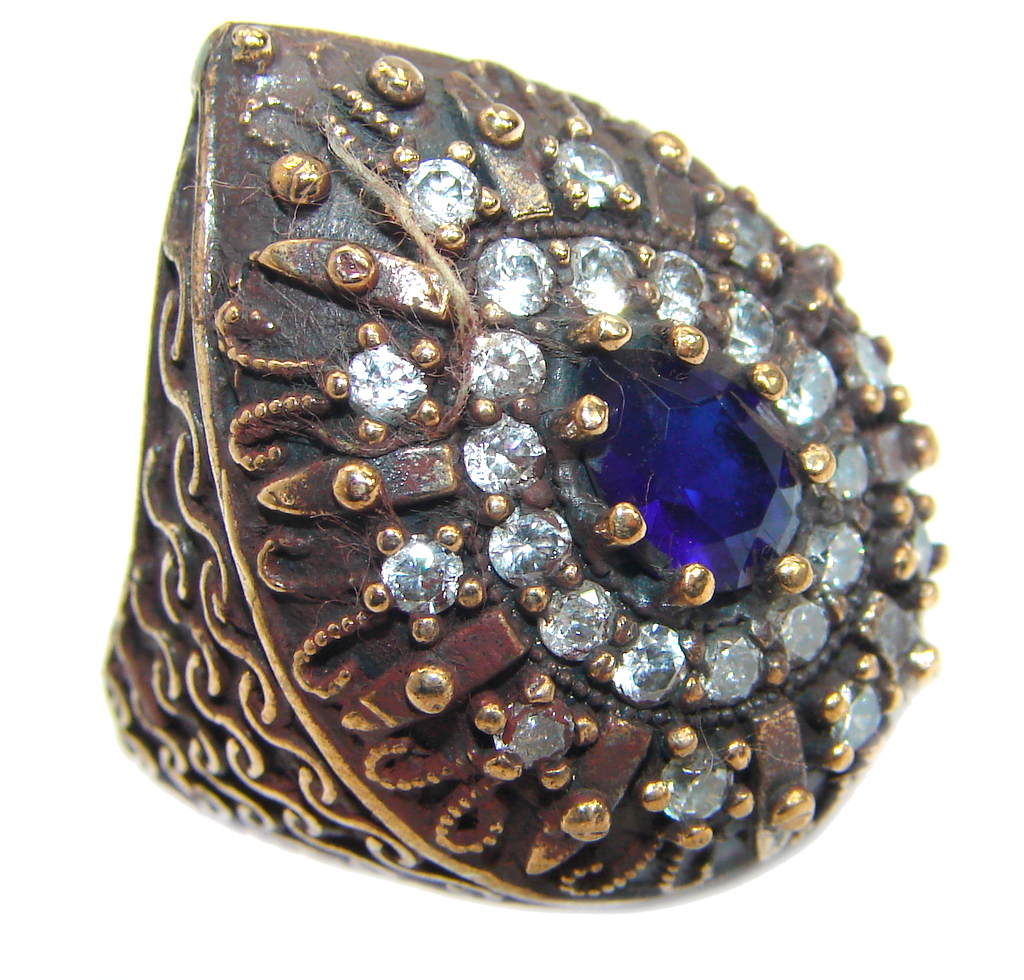 Spectacular created Sapphire & White topaz Sterling Silver Ring s. 6 3/4