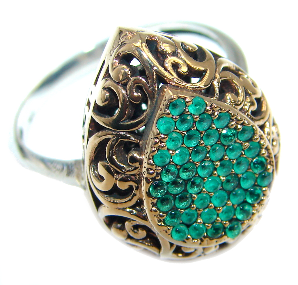 Victorian Style created Emerald & White Topaz Copper over Sterling Silver ring; s. 8 1/4
