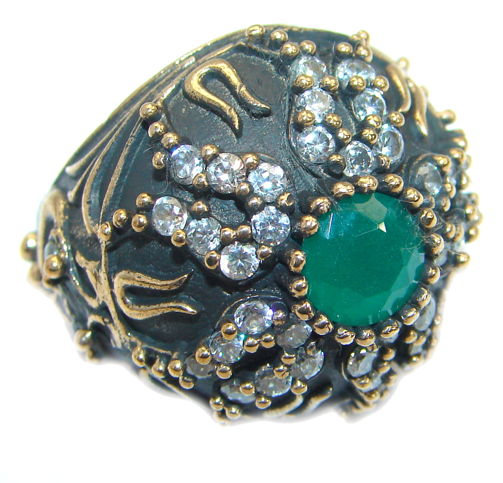 Victorian Style created Emerald & White Topaz Sterling Silver Ring s. 6 1/4