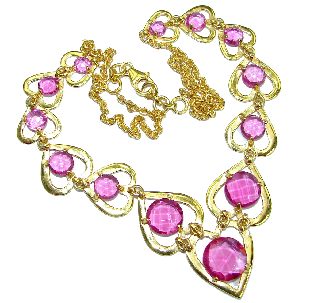Genuine Pink Topaz 14K Gold over .925 Sterling Silver handmade Statement Necklace