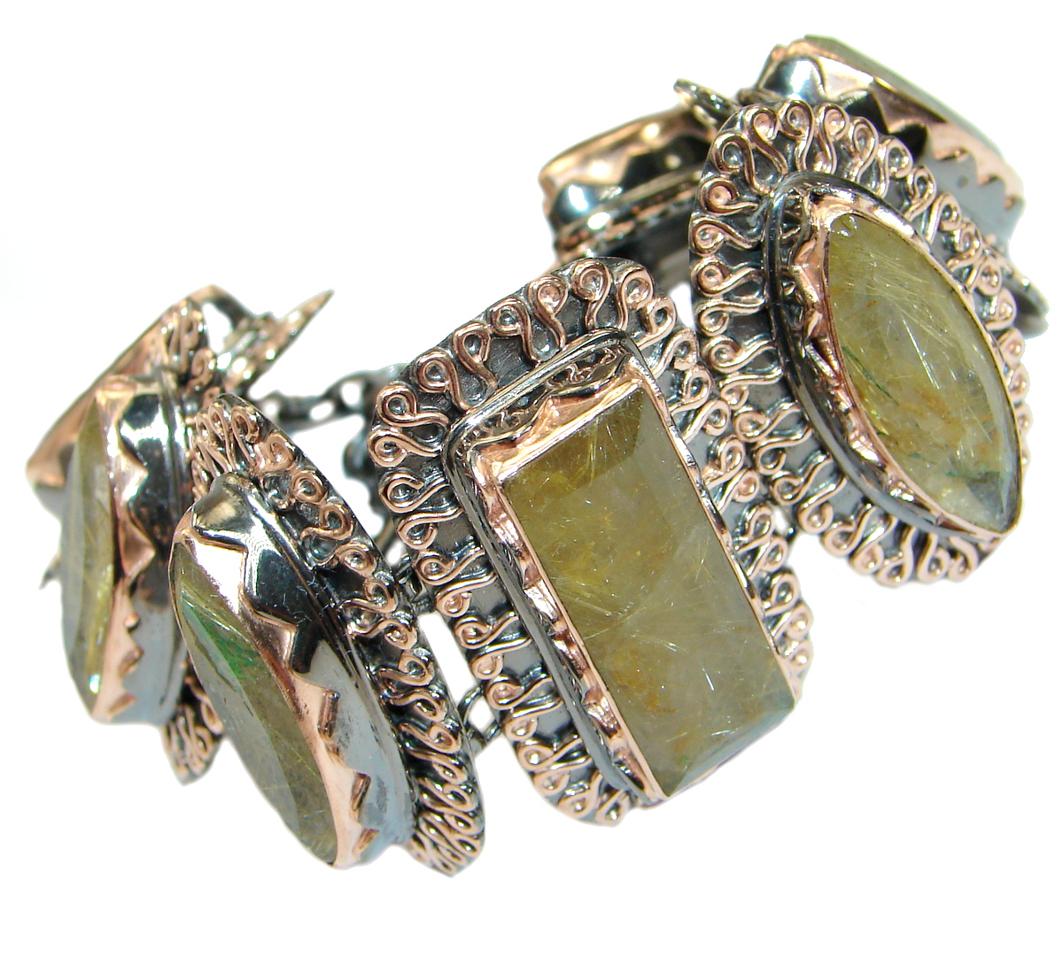 Gorgeous Vintage Designs Golden Rutilated Quartz Rose Gold over .925 Sterling Silver Bracelet