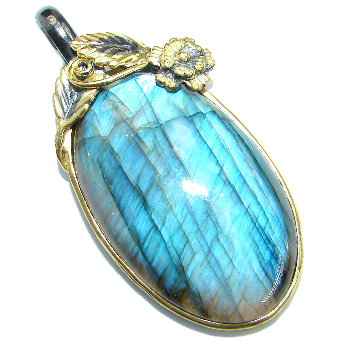 Bold genuine Fire Labradorite .925 Sterling Silver handmade Pendant