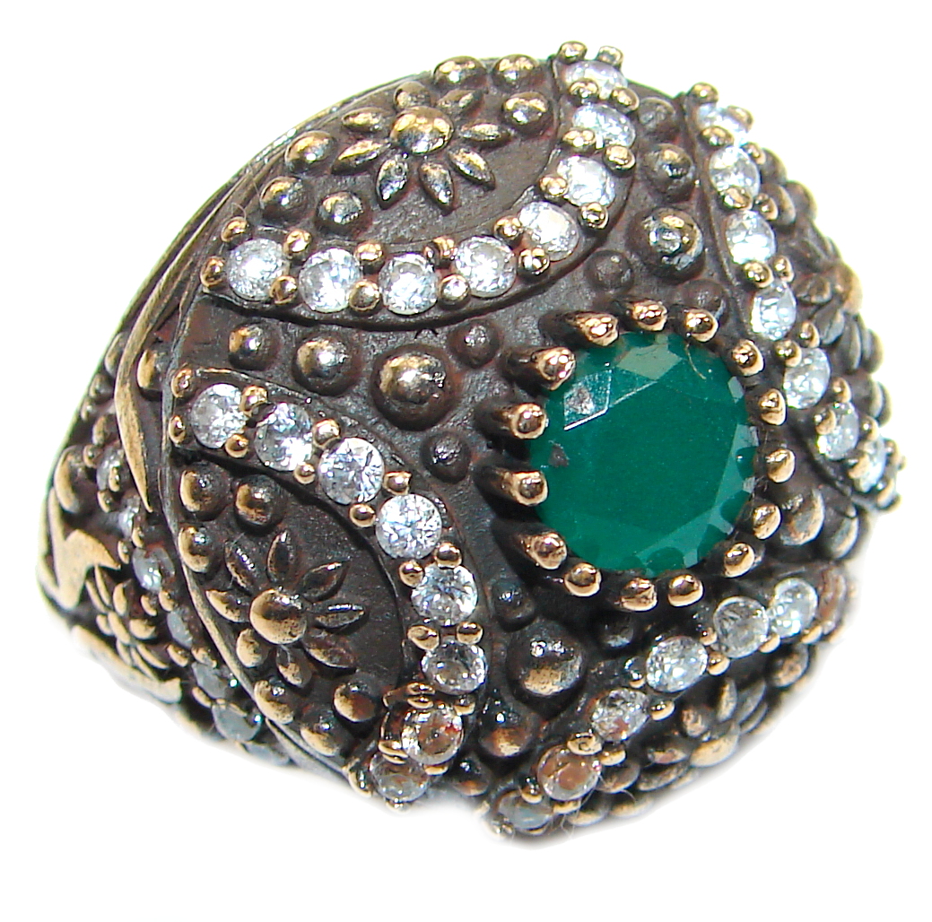 Victorian Style created Emerald & White Topaz Sterling Silver Ring s. 7