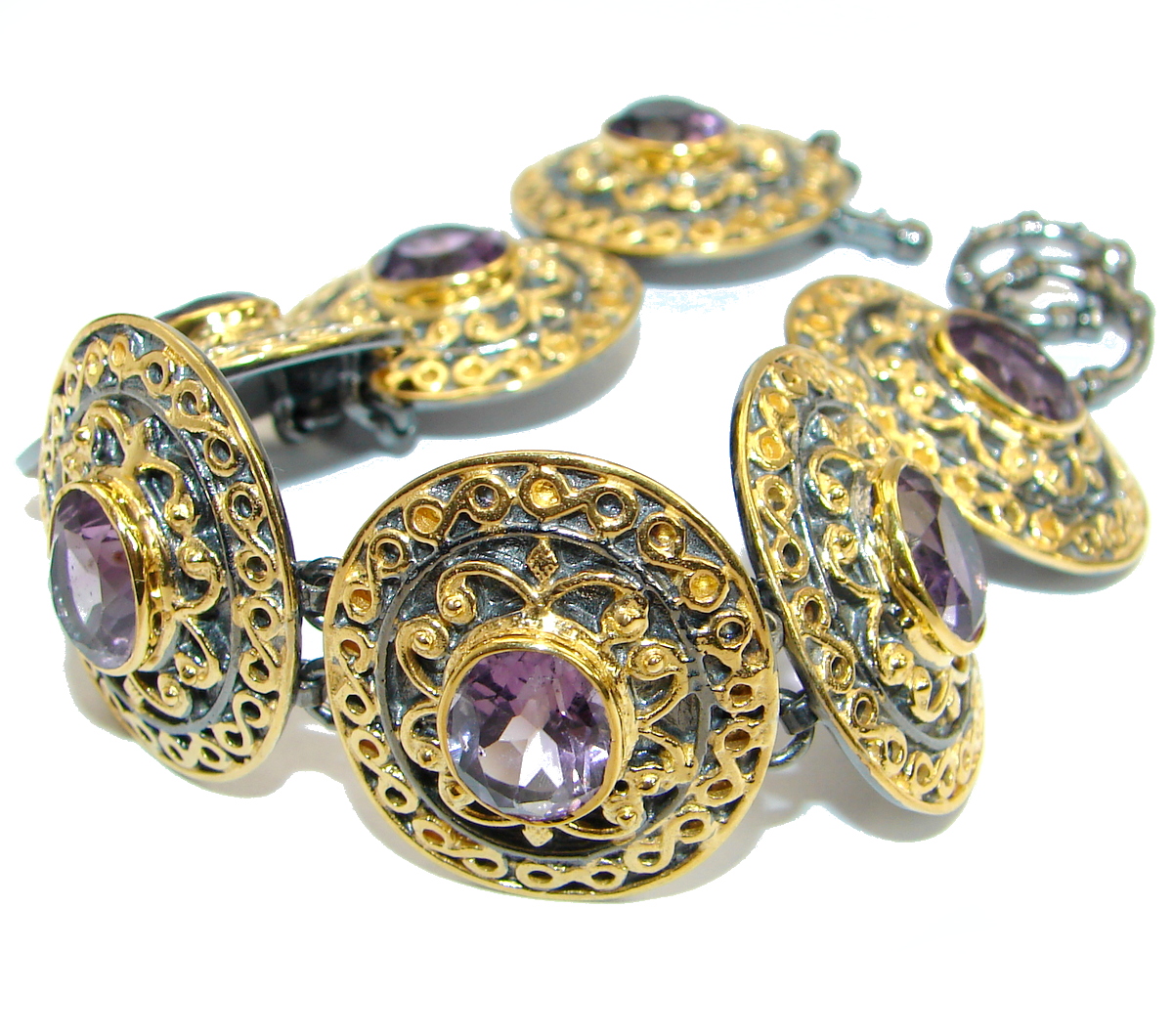 Real Treasure Genuine Amethyst 14K Gold over .925 Sterling Silver Bracelet / Cuff