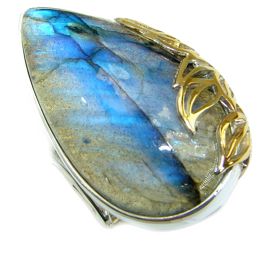 Blue Fire Labradorite Two Tones .925 Sterling Silver handmade ring size 7 adjustable
