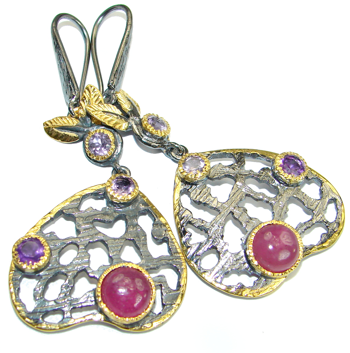 Unique Ruby 14K Gold Rhodium over .925 Sterling Silver handmade earrings