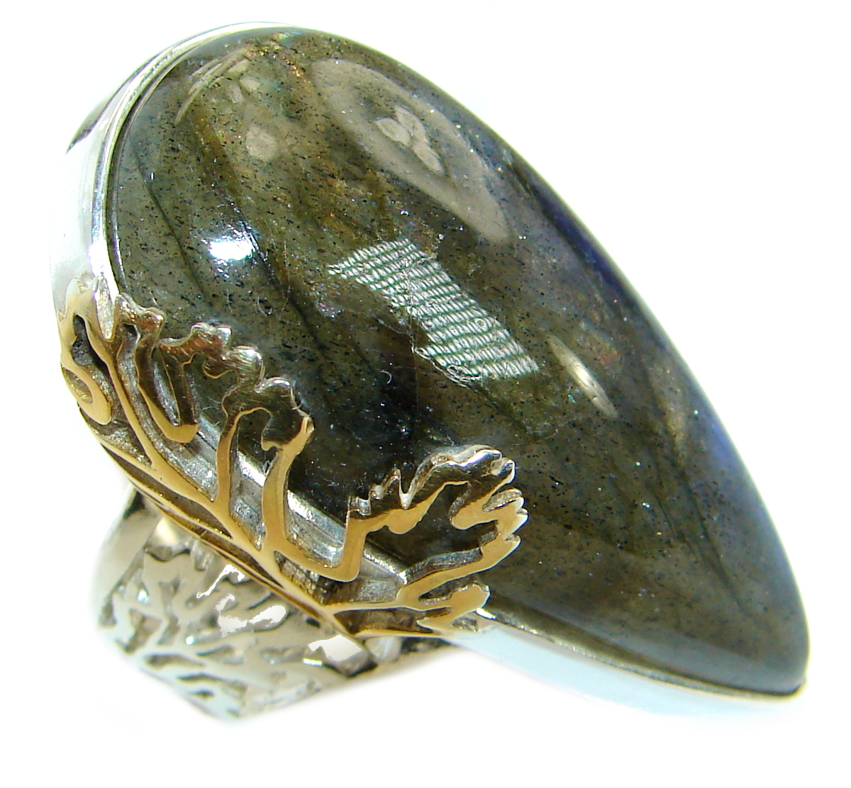 Blue Fire Labradorite Two Tones .925 Sterling Silver handmade ring size 7 adjustable