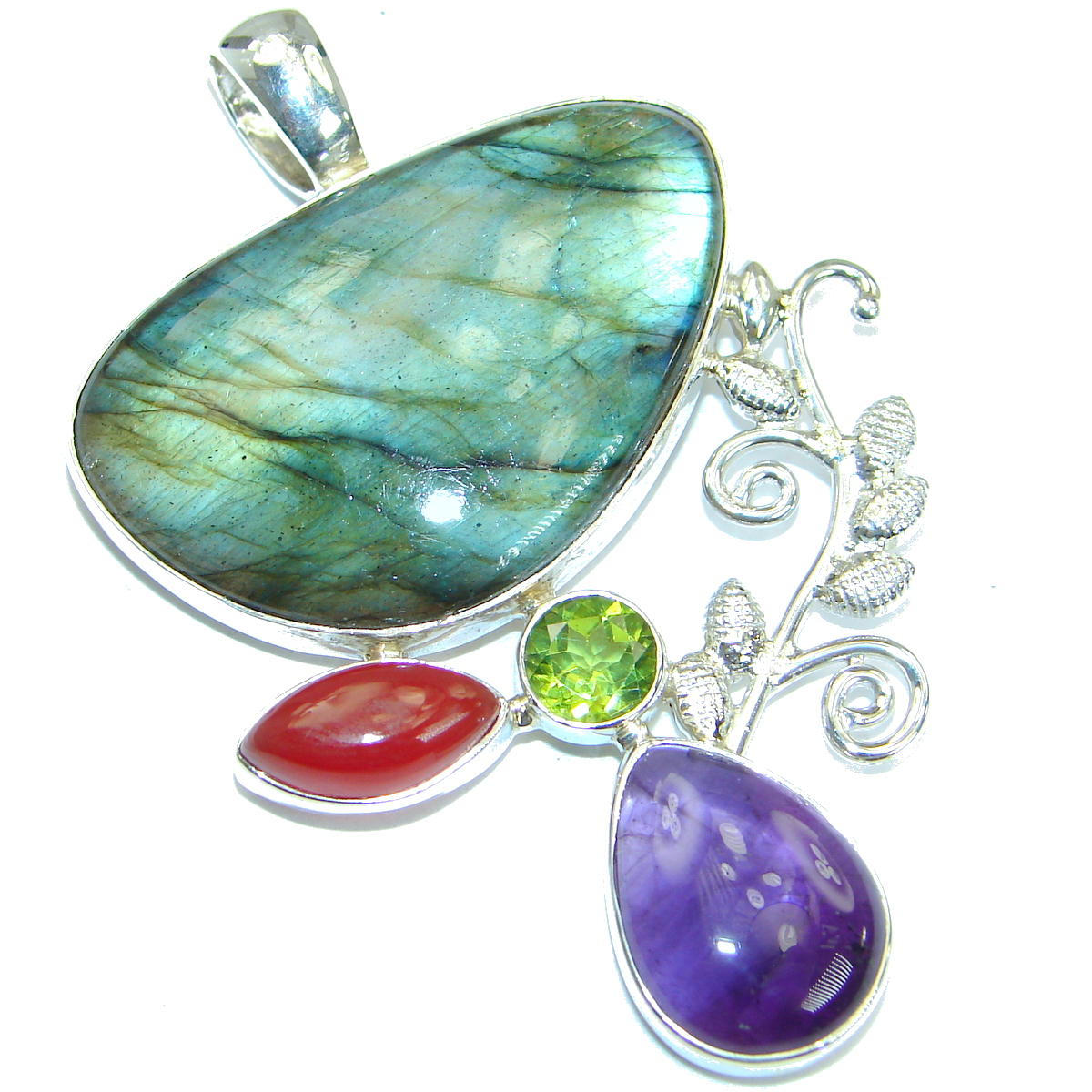 Bold genuine Fire Labradorite .925 Sterling Silver handmade Pendant