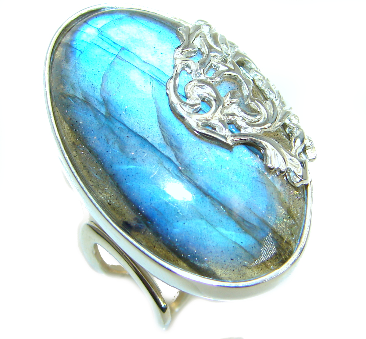 Blue Fire Labradorite .925 Sterling Silver handmade ring size 7 adjustable