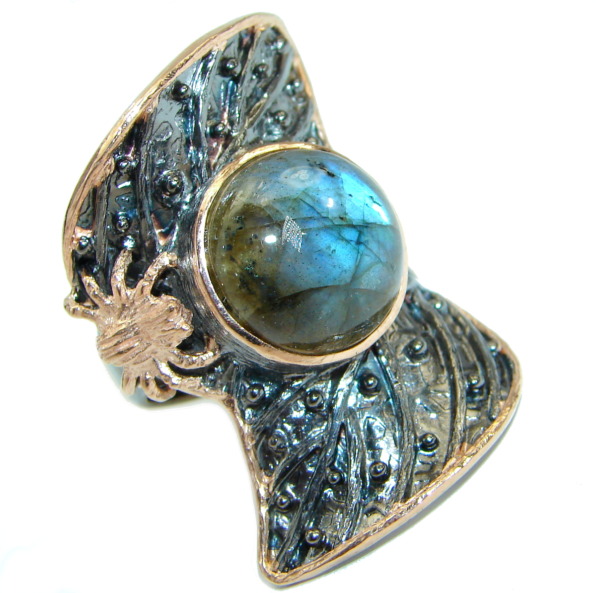 Blue Fire Labradorite Two Tones .925 Sterling Silver handmade ring size 7 adjustable