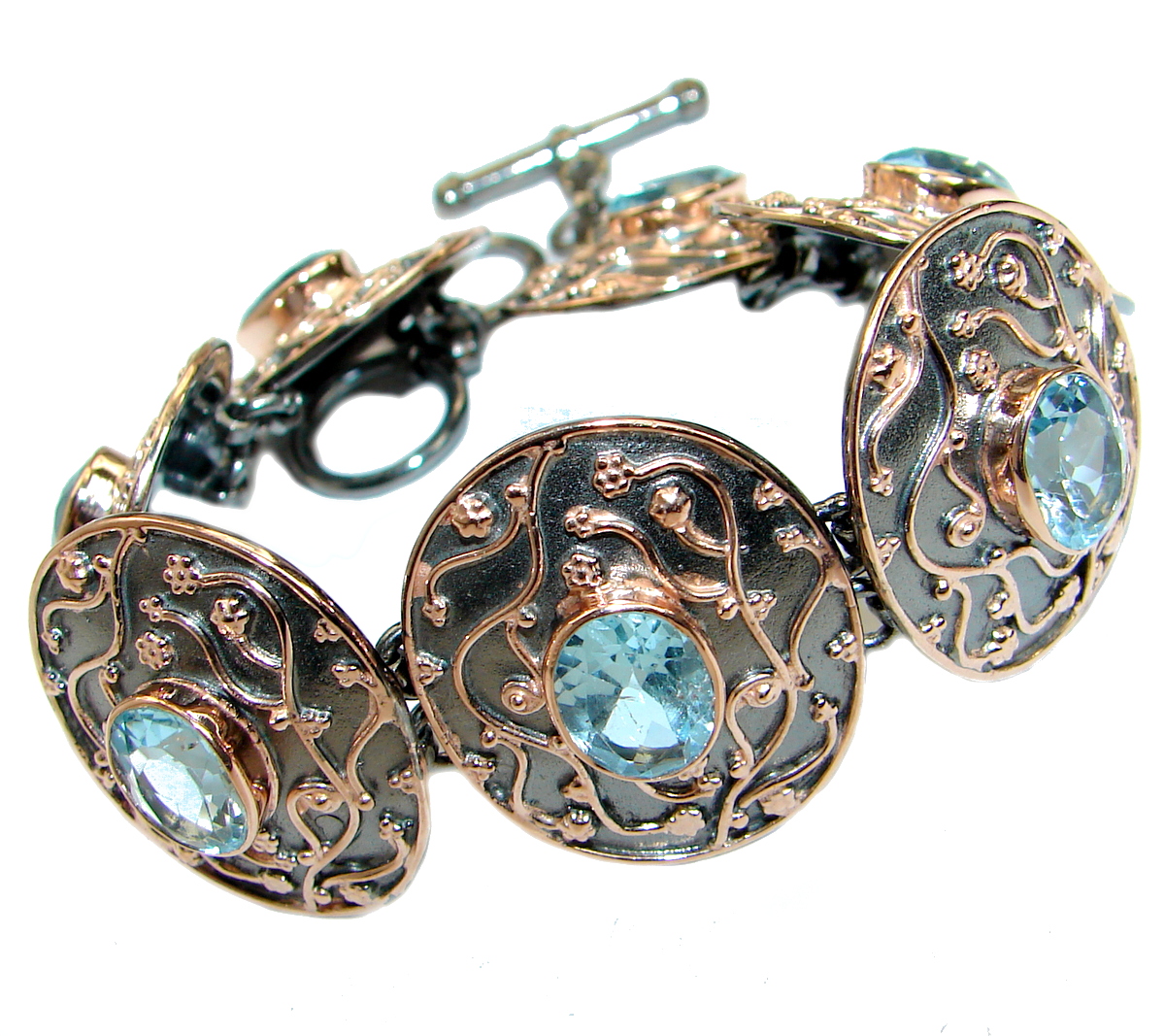 Baroque Style Swiss Blue Topaz Two Tones .925 Sterling Silver handmade Bracelet Cuff