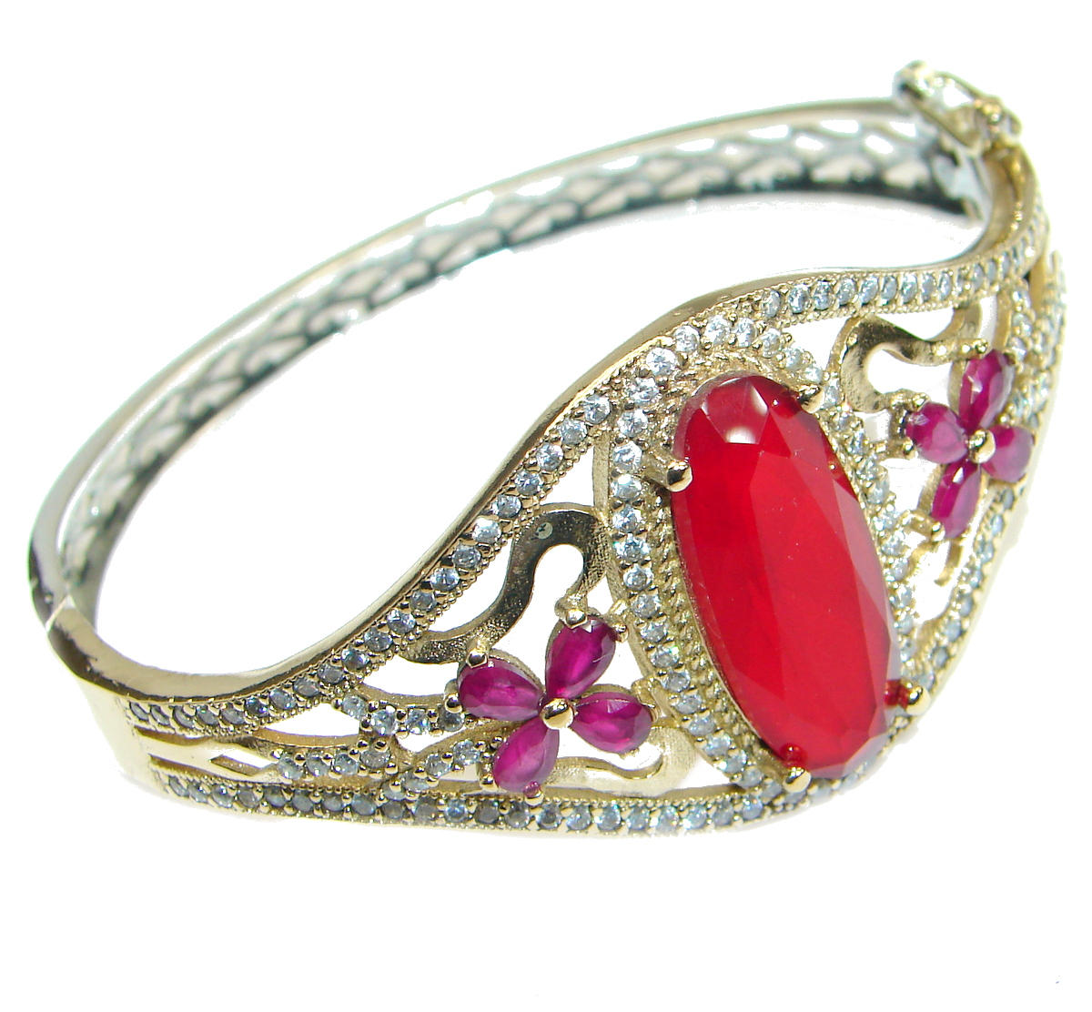 Victorian Style created Ruby & White Topaz Sterling Silver Bracelet / Cuff