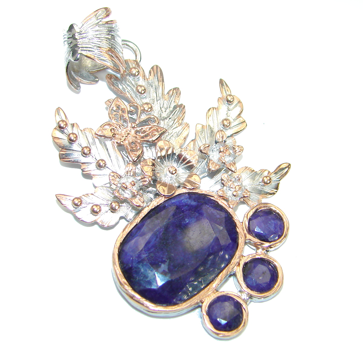Victorian Style Created Blue Sapphire & White Topaz Sterling Silver Pendant