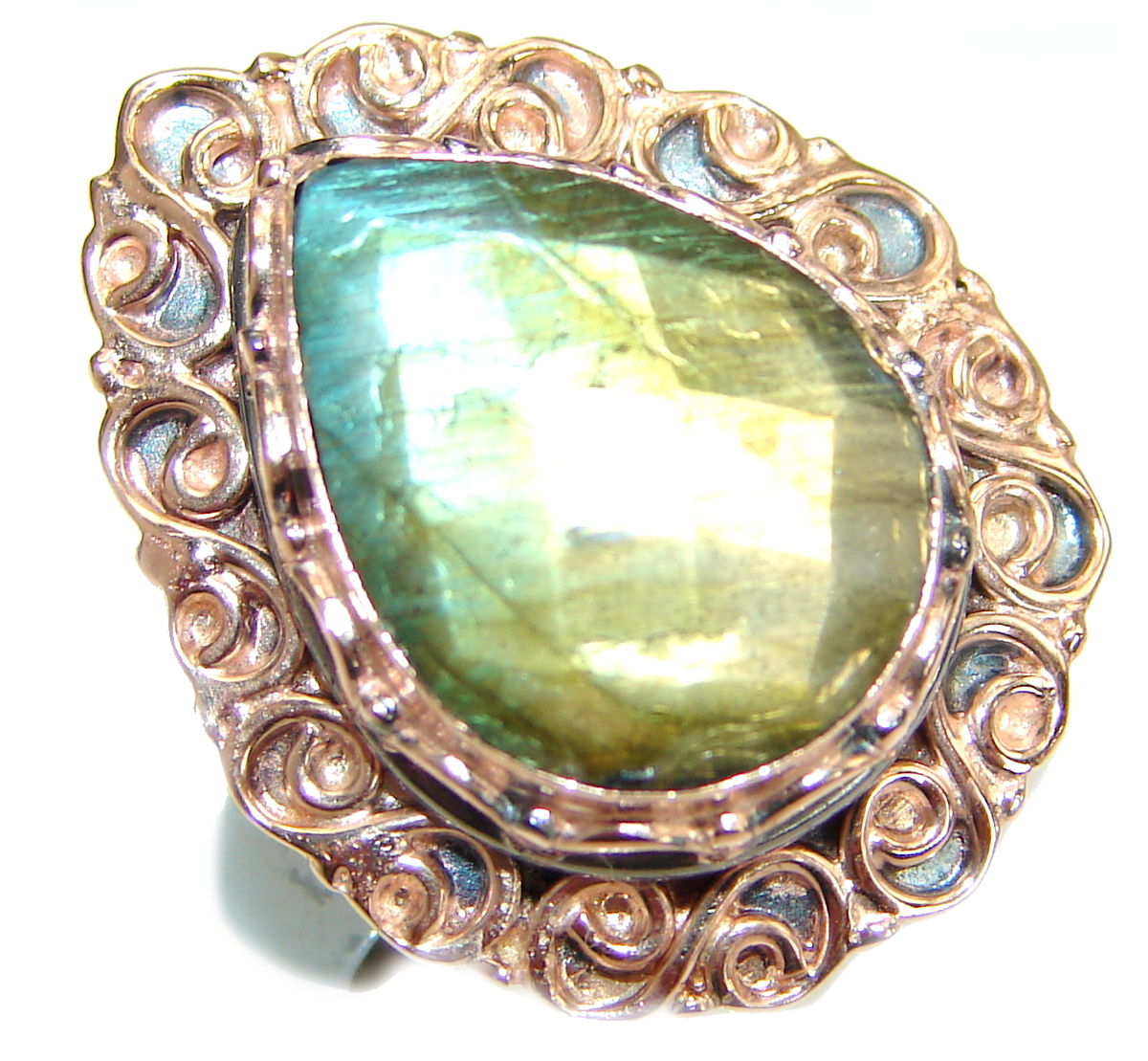 Blue Fire Labradorite Two Tones .925 Sterling Silver handmade ring size 8 adjustable