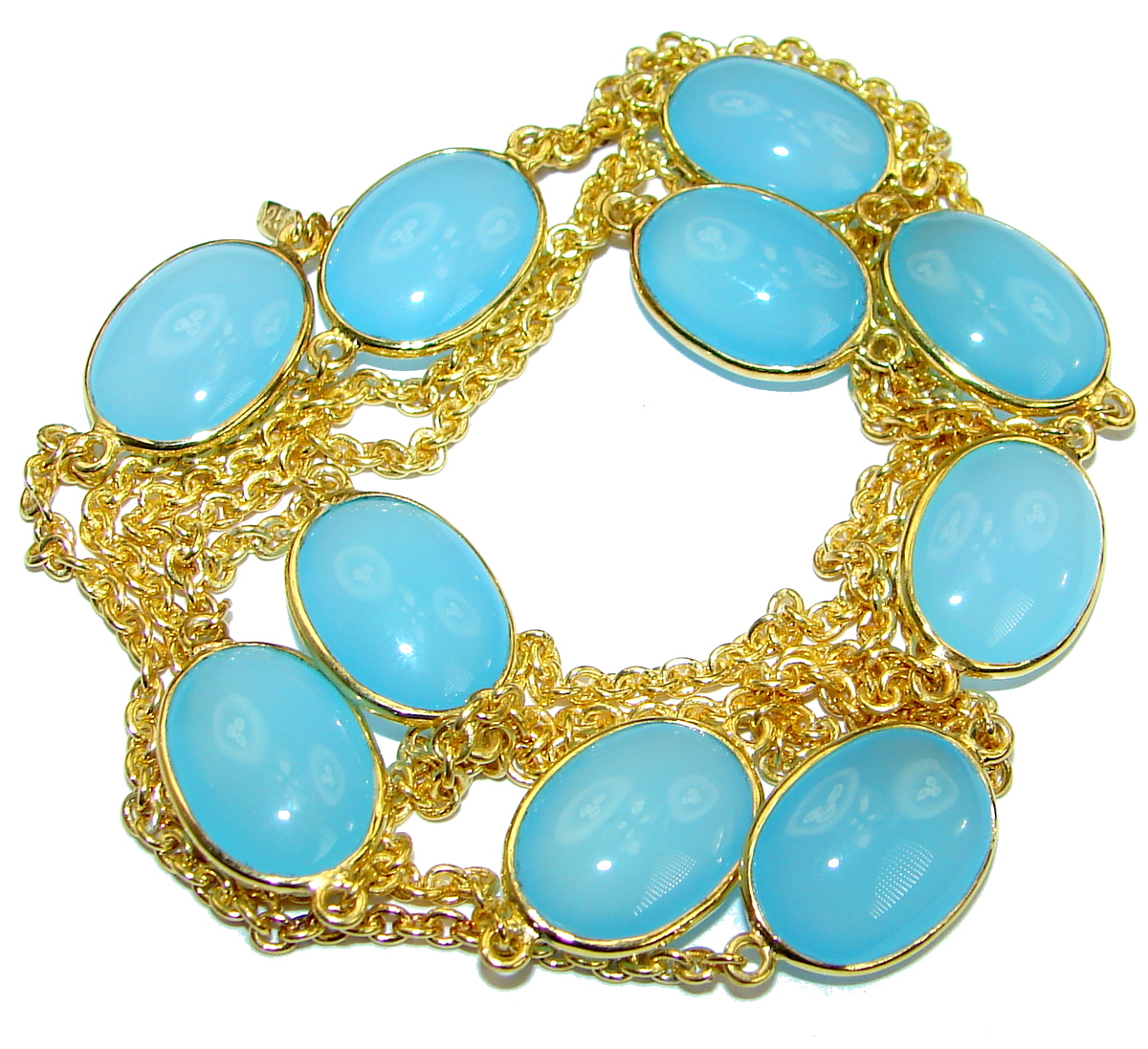 36 inches genuine Chalcedony Agate 14K Gold over .925 Sterling Silver handmade Station Necklace