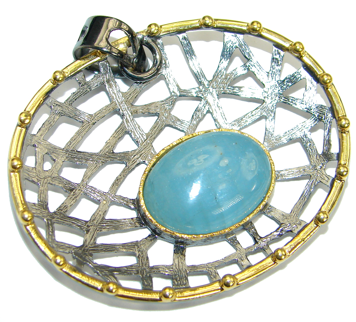 Genuine Aquamarine 14K Gold Rhodonite over .925 Sterling Silver handmade Pendant