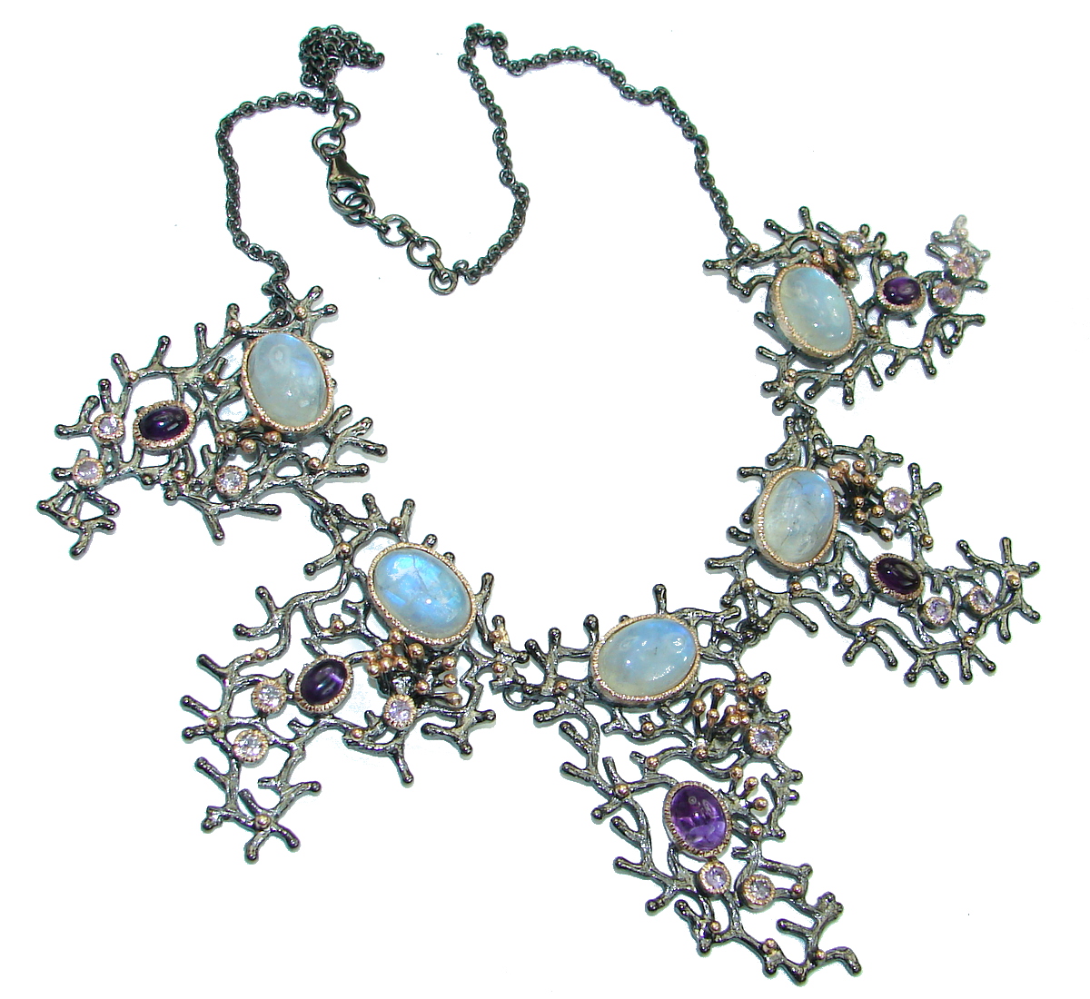 Golden Reef Amethyst Fire Moonstone Gold Rhodium over .925 Sterling Silver handcrafted necklace