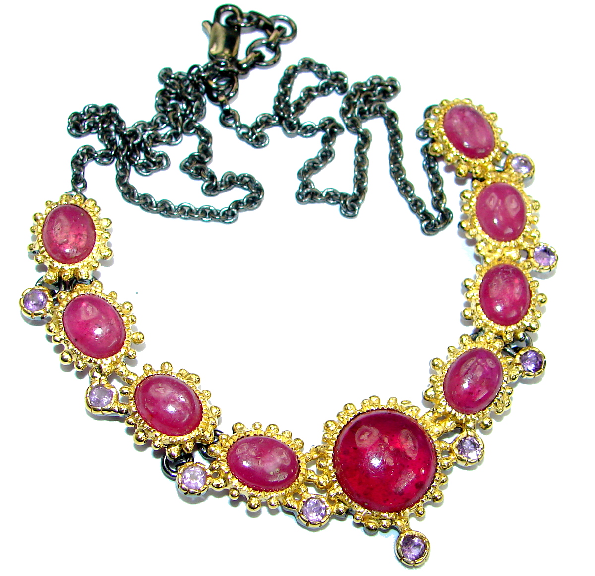 Authentic Ruby 14K Gold Rhodium over .925 Sterling Silver handmade Statement Necklace