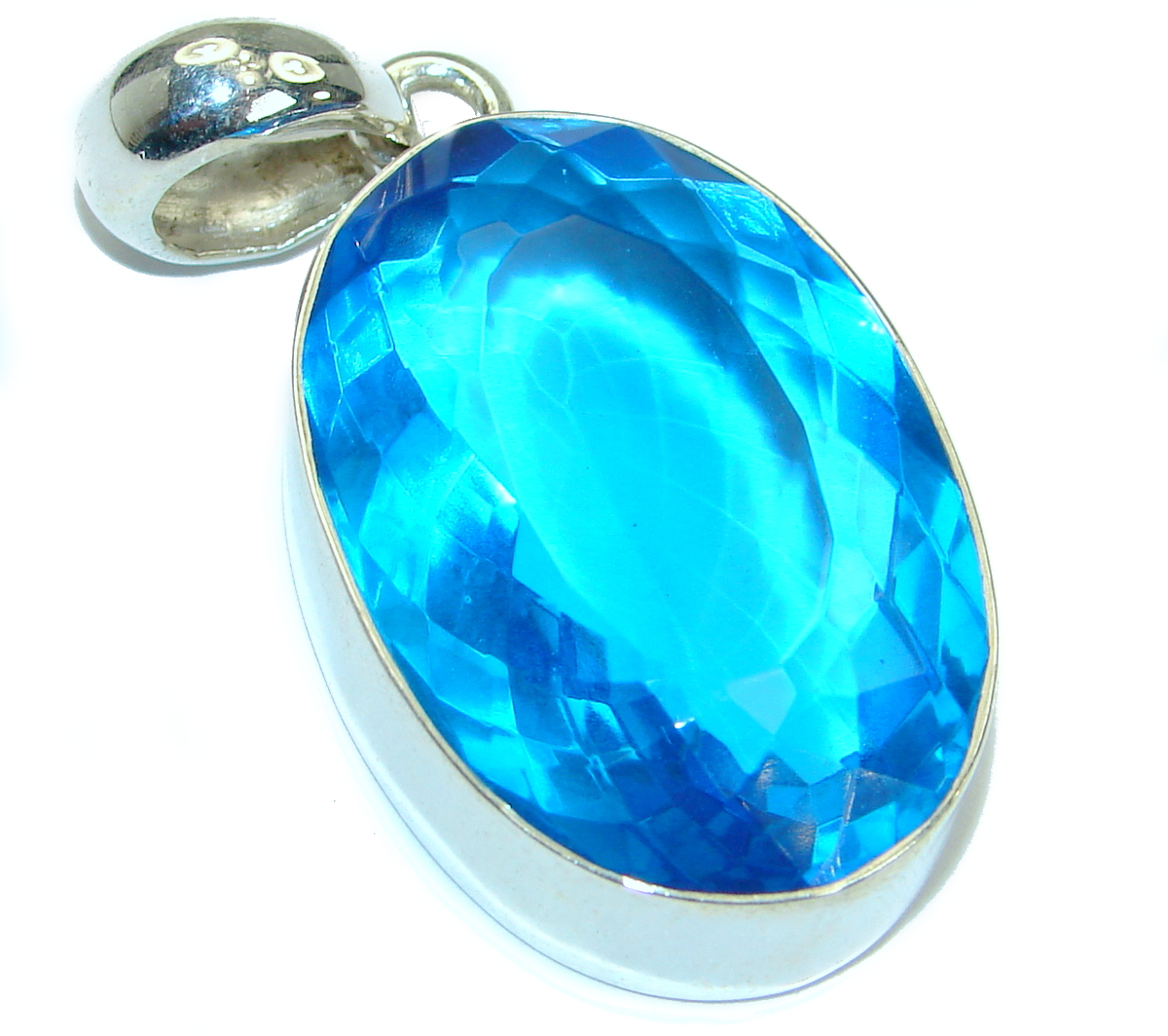 Large Vintage Style Sapphire color Quartz Sterling Silver Pendant