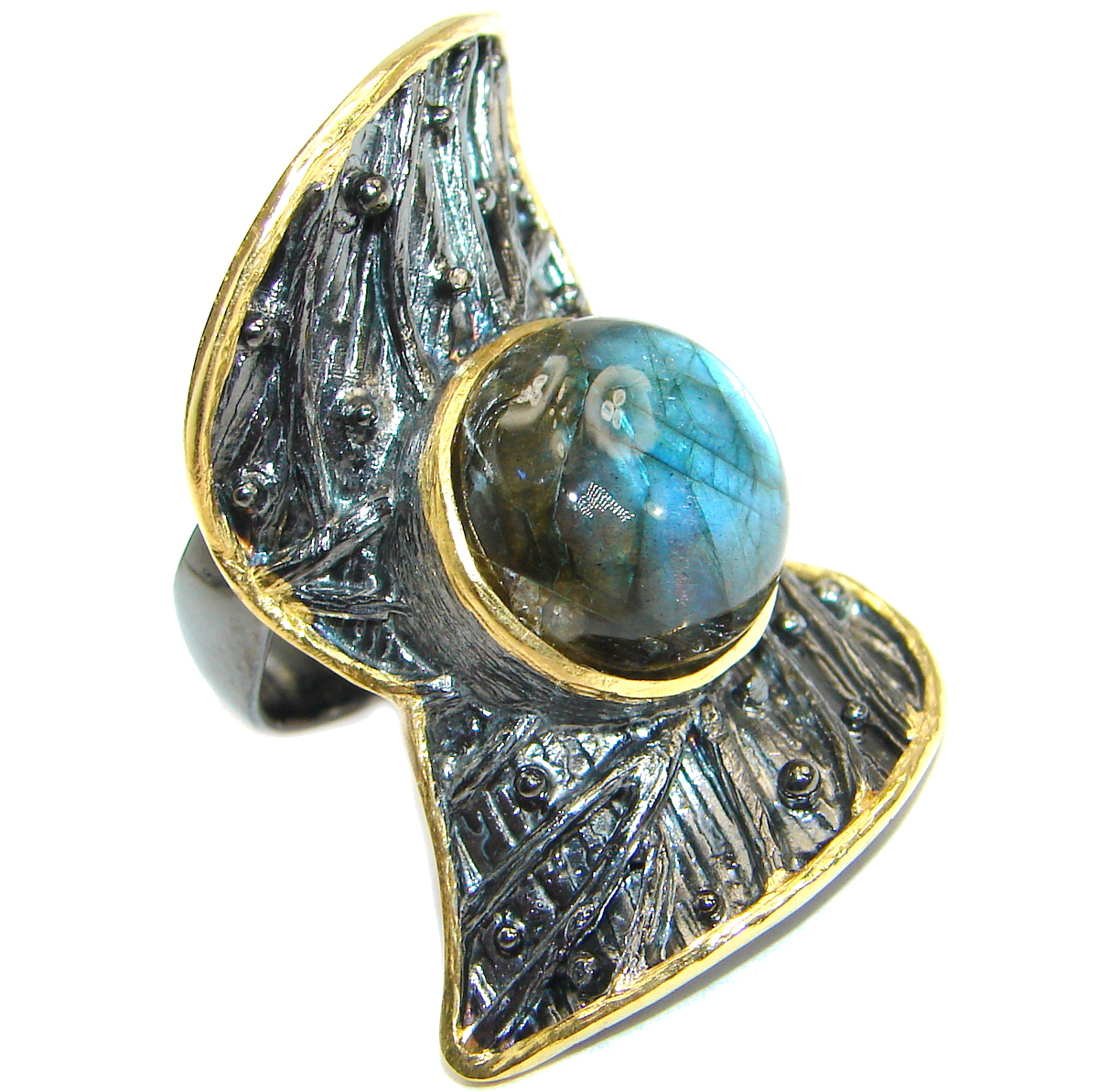 Blue Fire Labradorite Two Tones .925 Sterling Silver handmade ring size 7 adjustable