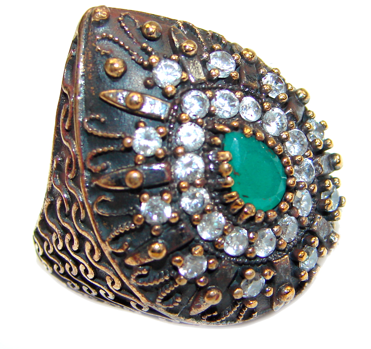 Victorian Style created Emerald & White Topaz Copper over Sterling Silver ring; s. 6 1/4