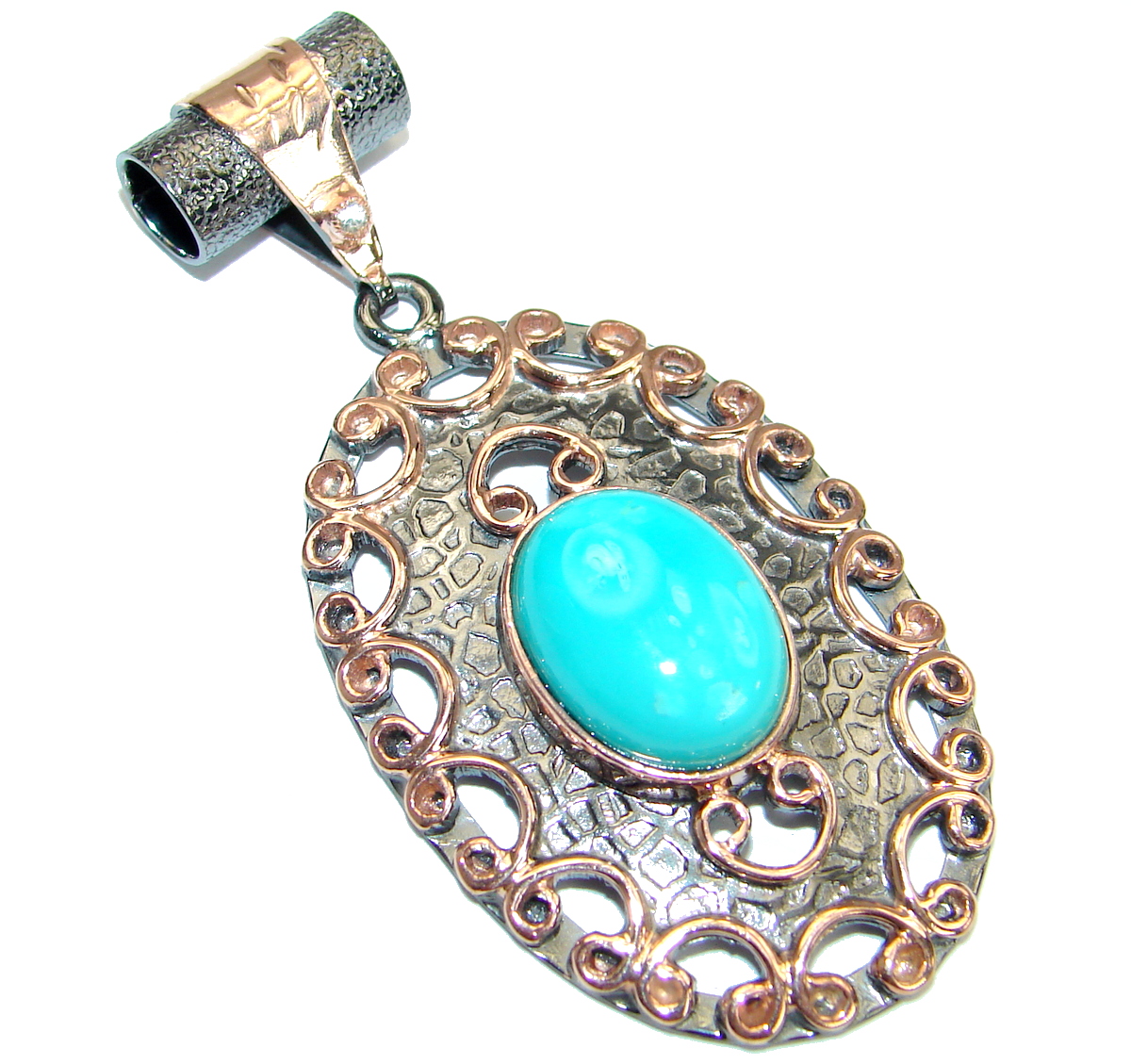 Exquisite Sleeping Beauty Turquoise Rose Gold Rhodium over .925 Sterling Silver handmade Pendant