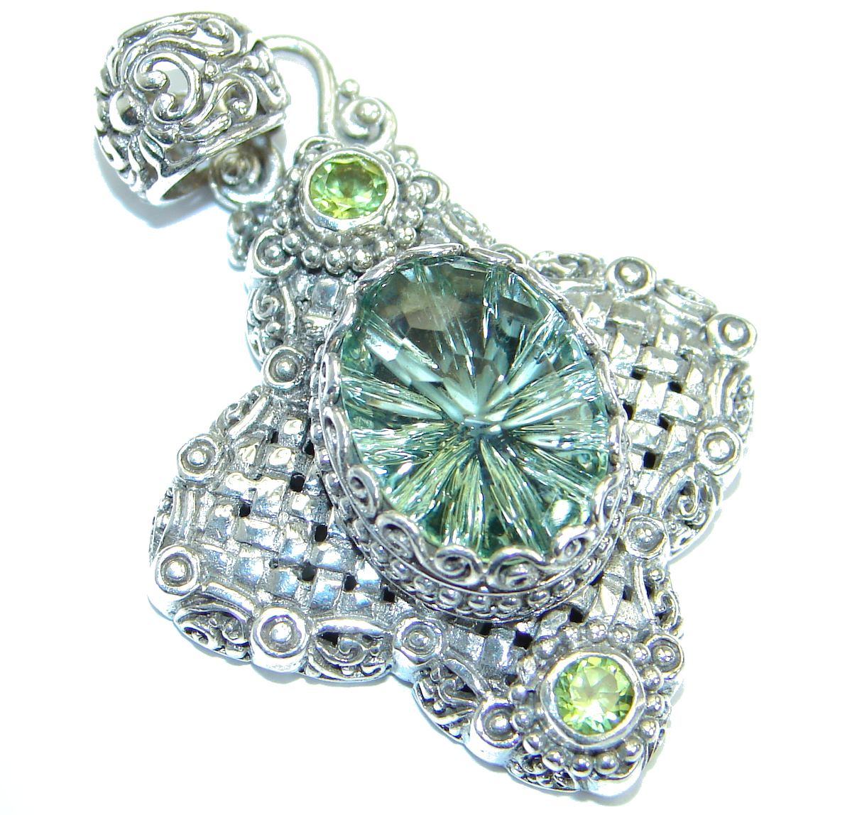 Rich Design Natural Prasiolite- Green Amethyst .925 Sterling Silver handmade Pendant