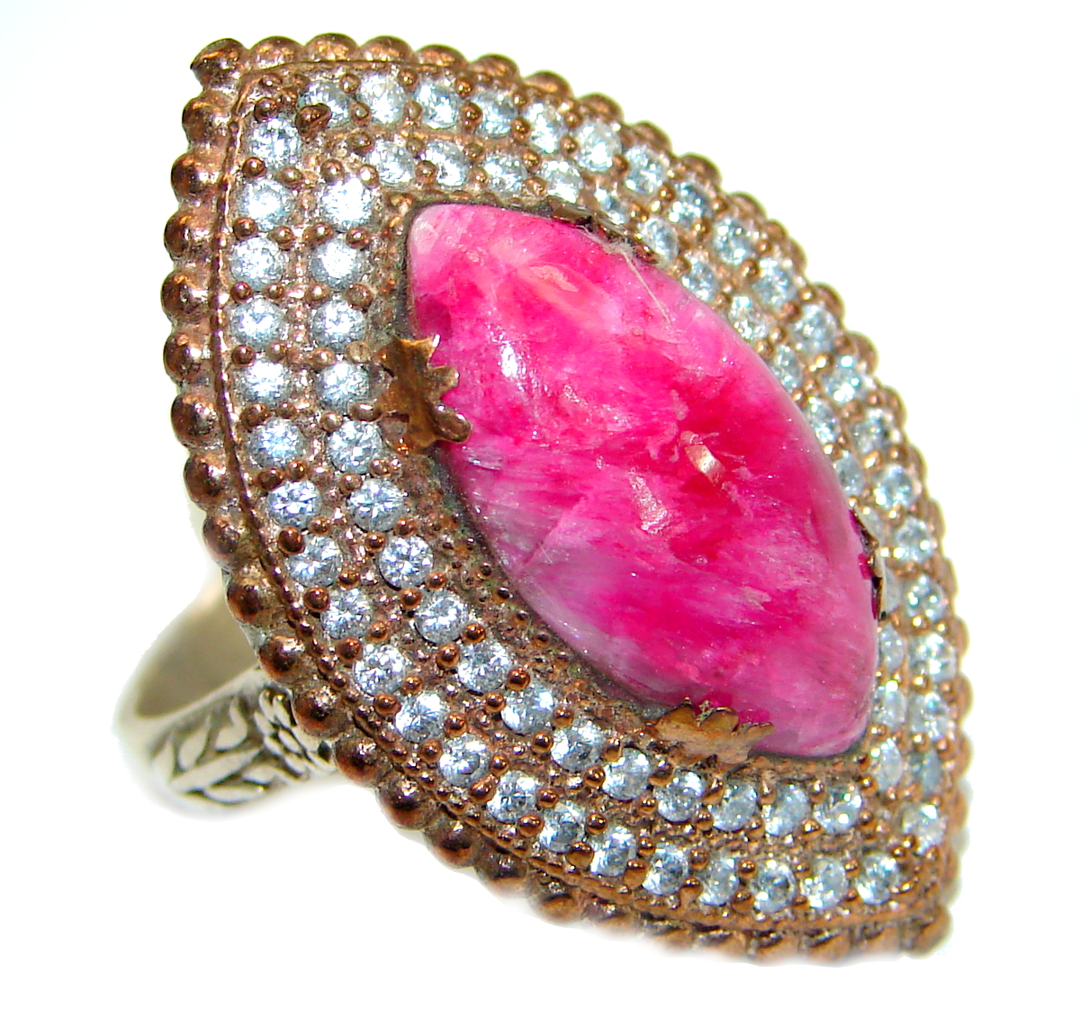 Large Victorian Style created Ruby & White Topaz Sterling Silver ring; s. 7