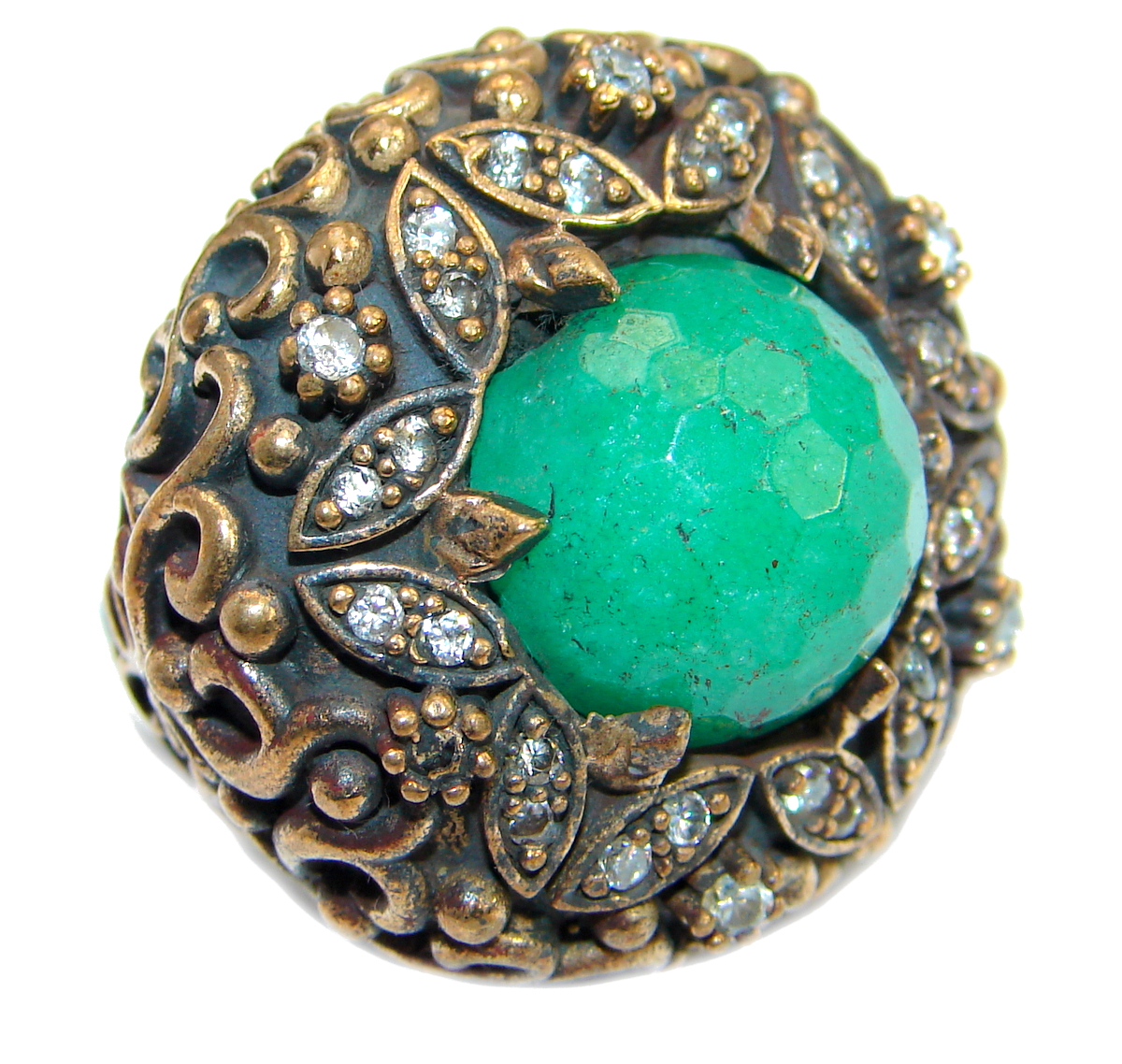 Victorian Style created Emerald & White Topaz Sterling Silver Ring s. 7 1/2